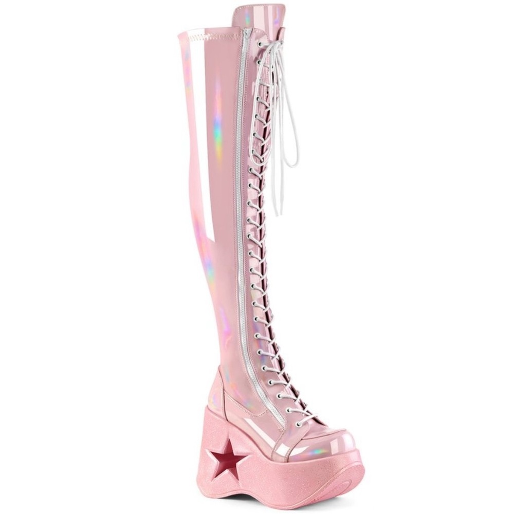 [NWT] Demonia Cult Platform Star Wedge Gothic Lace Up Thigh High Boots